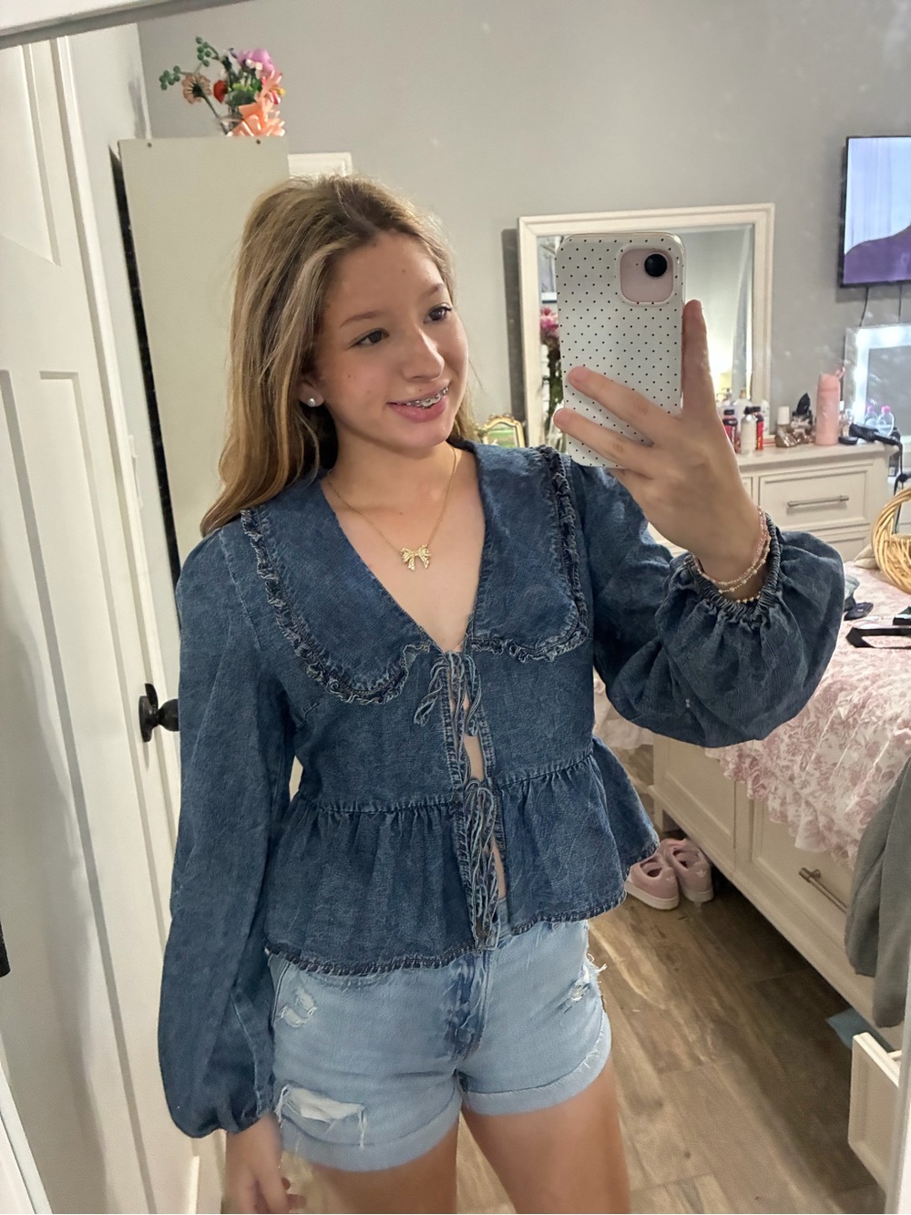 Main Strip Blue Denim Peplum Tie-Front Blouse